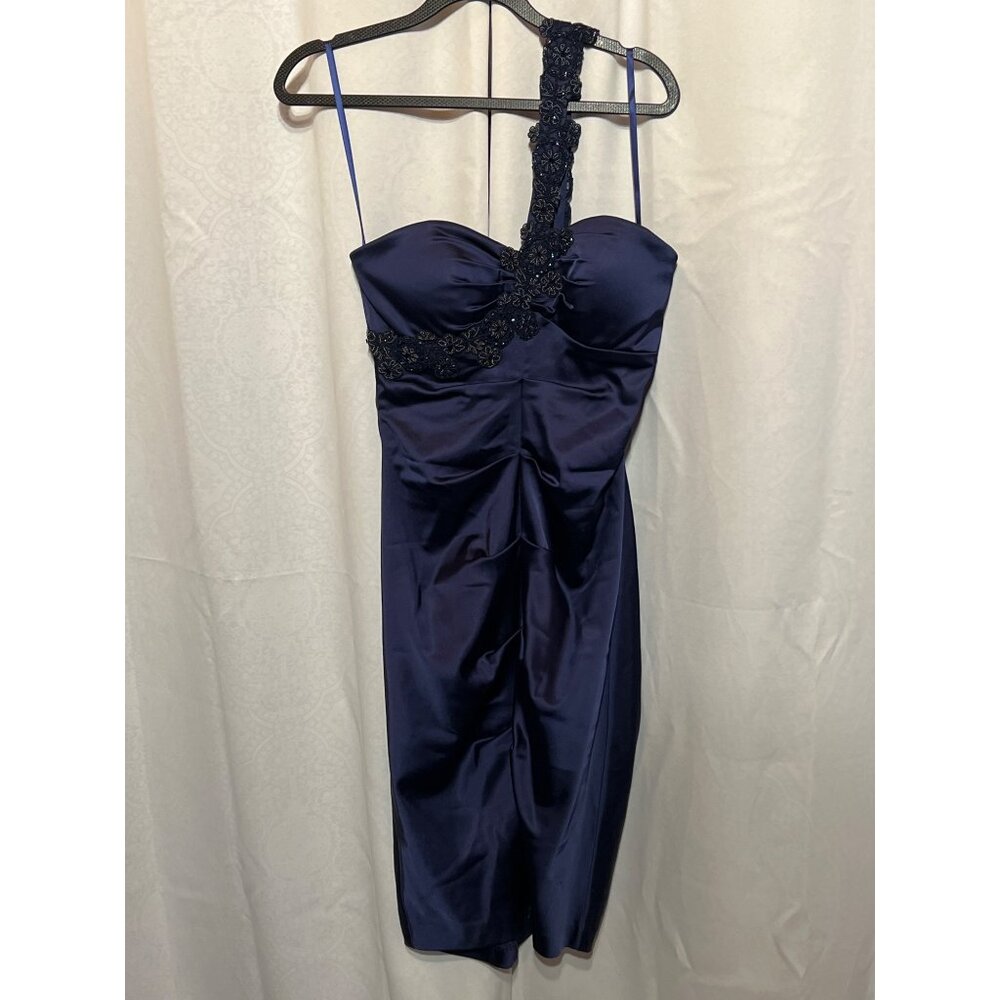 Cache One-Shoulder Navy Blue Ruched Satin Dress With Embellished Strap SIZE 8